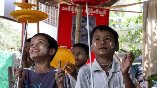 Social Circus Yangon S4SK circus group learning plate spinning